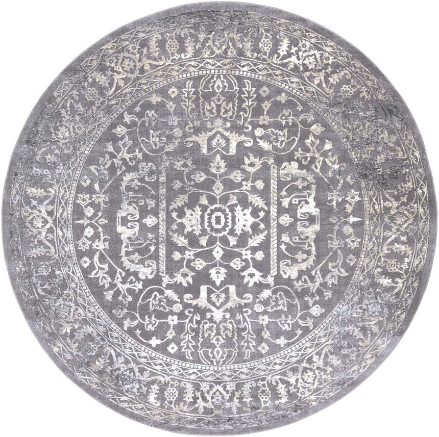 Close-up of the round Watford Updated Traditional Tibetan Rug, charcoal and ivory tones, vintage-inspired floral pattern. Design-Round-710