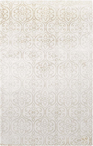 Close-up of the Wauseon Area Rug. Ivory rug with a repeating traditional olive-toned trellis pattern. Design-Rectangle-58