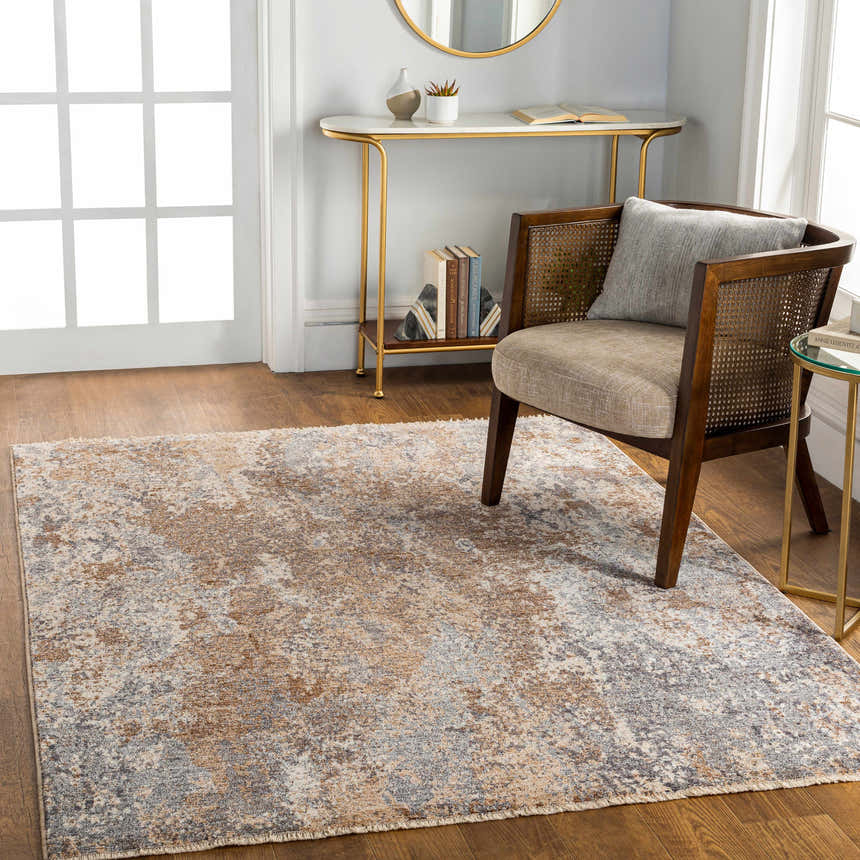 Living room scene with a bone, gray, and brown Woodmoor Area Rug, wood floors, and mid-century modern furniture. Roomscene-Rectangle