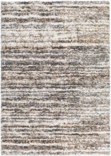 Close-up of Weddin Striped Plush Area Rug. Charcoal, cream, gray, and tan horizontal stripes create a soft, textured shag design. Design-Rectangle-5373