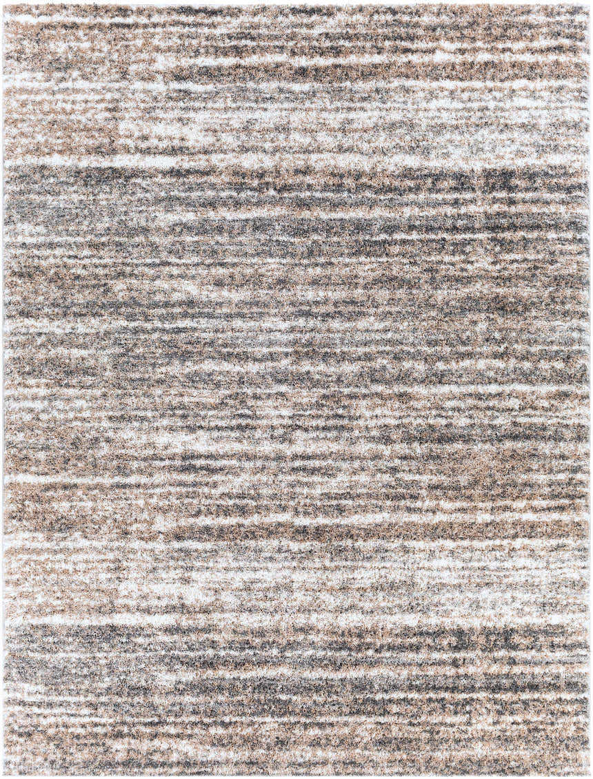 Close-up of the Weddin Striped Plush Area Rug. Charcoal, cream, gray, and tan horizontal stripes. Shag texture. Design-Rectangle-71010