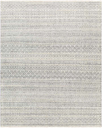 Close-up of the hand-knotted Wessington Area Rug. Cream, light gray, and medium gray tones with a subtle bohemian pattern. Design-Rectangle