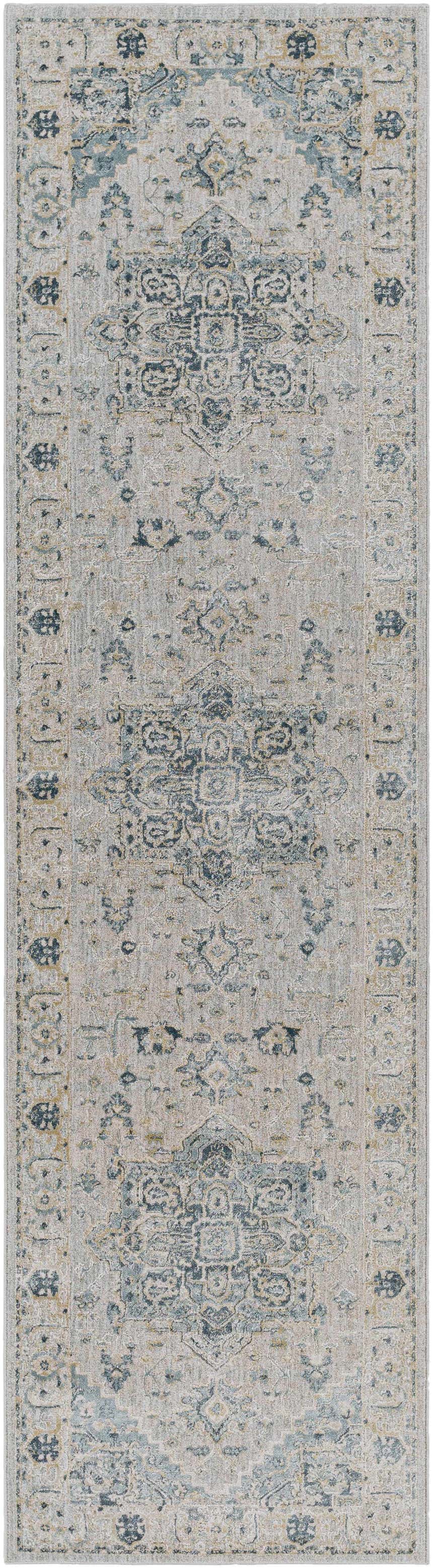 Close-up of the Whangamata Thick Luxe Boutique Rug. Traditional design in dusty sage, light gray, and pale blue hues. Design-Runner-2710