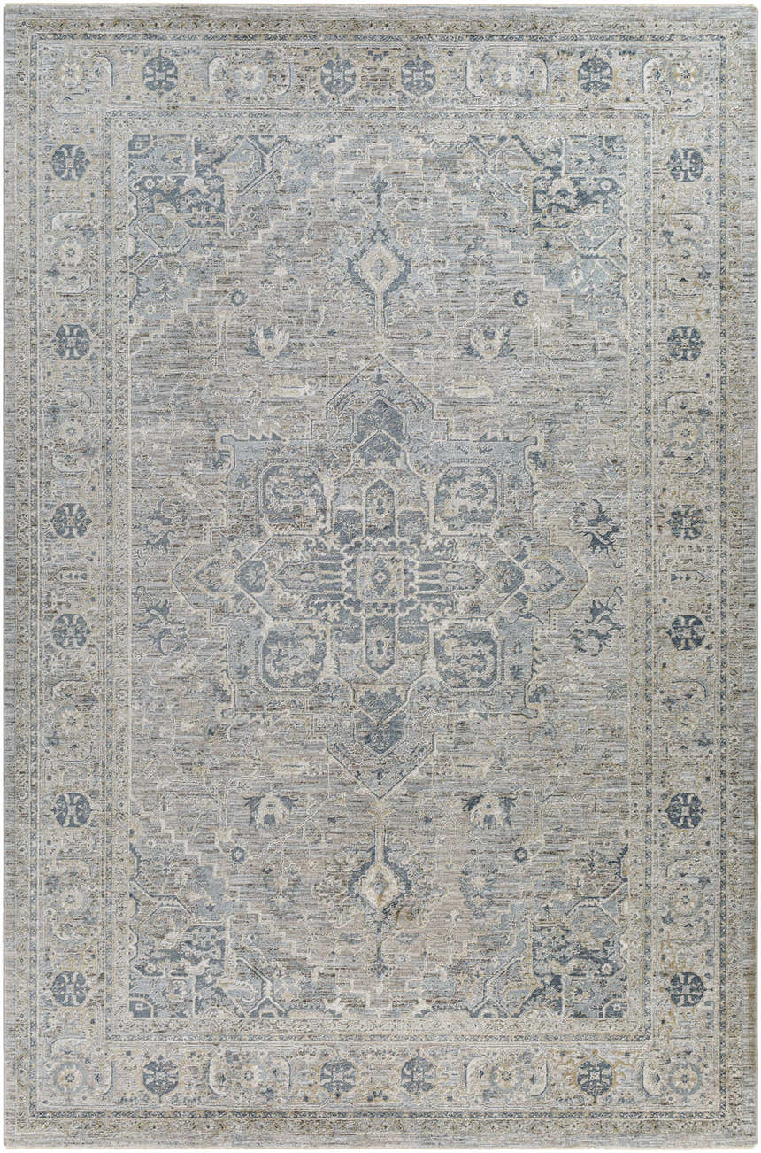 Close-up of the Whangamata Thick Luxe Boutique Rug. Features a traditional design in dusty sage, light gray and pale blue. Design-Rectangle-6796