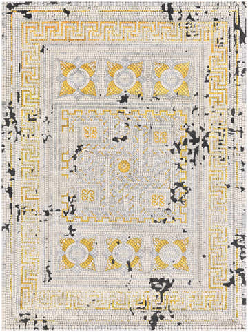 Close-up of the Terlingua Mustard Area Rug featuring a geometric pattern in mustard, beige, and black. Vintage style. Design-Rectangle-710103
