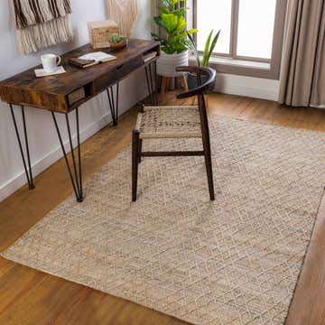 Home office with wood desk, chair, and light beige Whickham Area Rug. Contemporary, farmhouse style. Roomscene-Rectangle