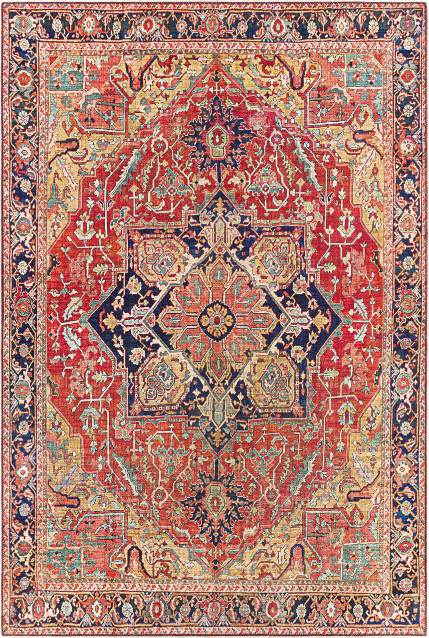 Detailed view of the Whittingham Area Rug, featuring a traditional oriental design in brick red, navy, and cream. Design-Rectangle-576