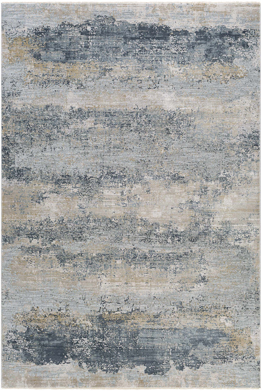 Close-up of the Whyalla Misty Thick Luxe Rug. Features a contemporary abstract design in dusty sage, light gray, and navy hues. Design-Rectangle-6796