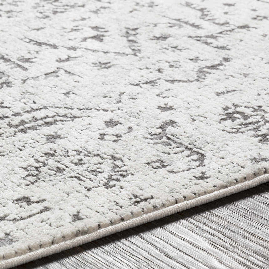 Close-up of the Willowbrook Area Rug showing its light beige base and charcoal gray vintage-style pattern and texture. Texture
