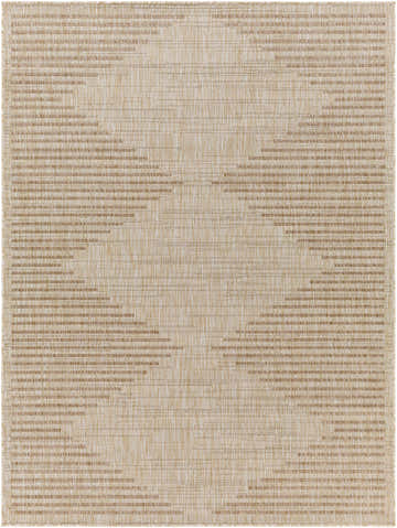 Close-up of Winmalee Area Rug showing geometric pattern in cream, tan, and nutmeg hues. Machine woven texture. Design-Rectangle-537