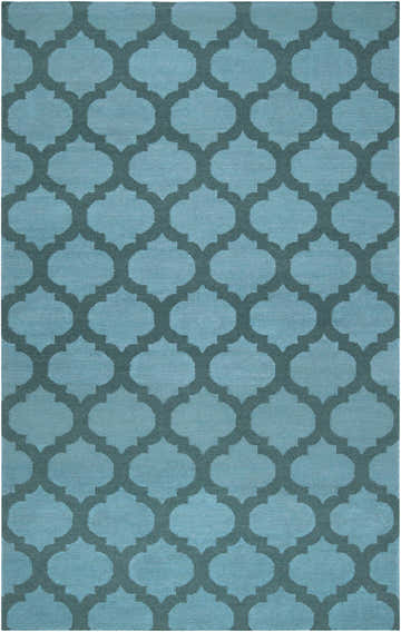 Close up of the Winside Area Rug. Teal wool rug with a dark green quatrefoil pattern. Design-Rectangle-58