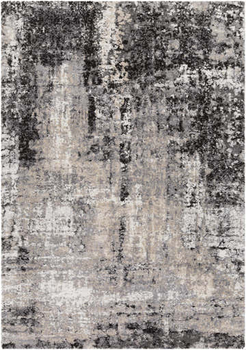 Close-up of the Witchford Abstract Charcoal Thick Rug. Features black, gray, ivory, and tan colors with an abstract pattern. Design-Rectangle-5373