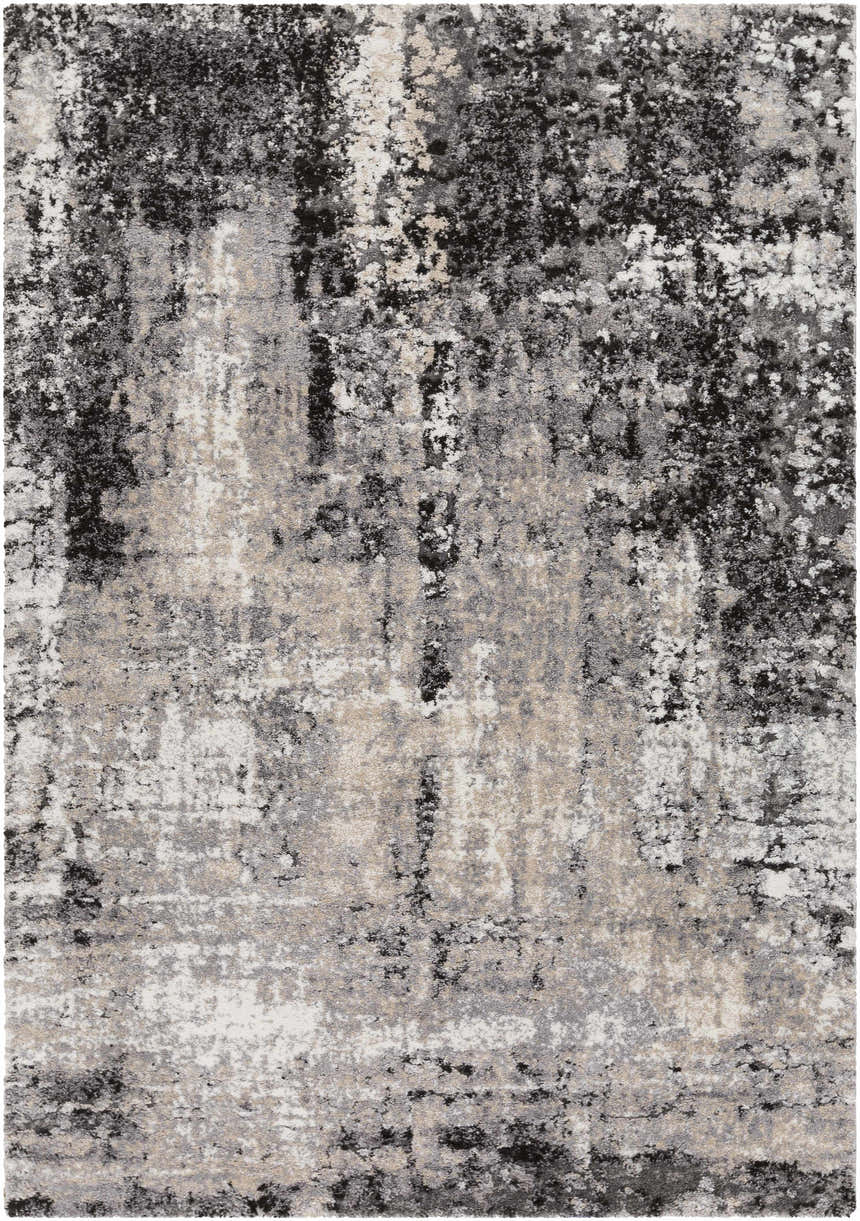 Close-up of the Witchford Abstract Charcoal Thick Rug. Features black, gray, ivory, and tan colors with an abstract pattern. Design-Rectangle-5373