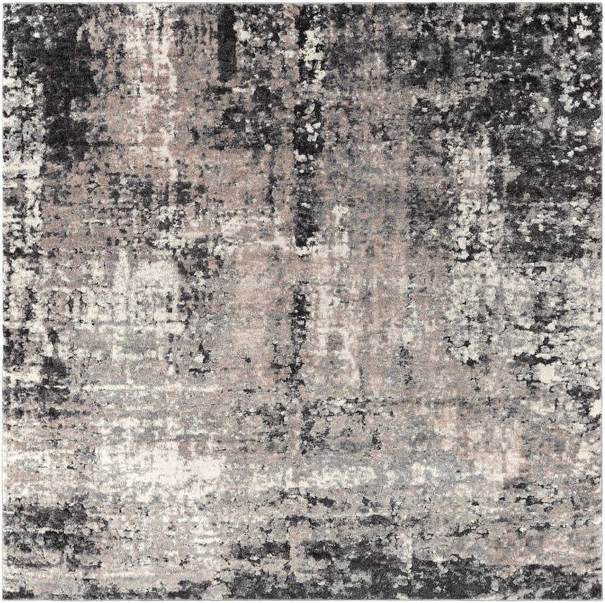 Close-up of the Witchford Abstract Charcoal Thick Rug. Features black, gray, ivory, and tan hues with a modern abstract design. Design-Square-710
