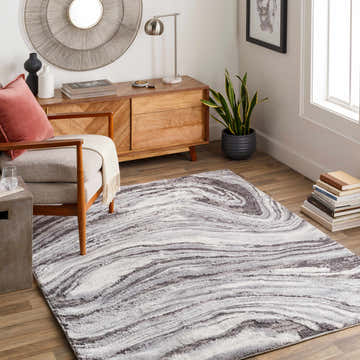 Living room scene with a Walloon Gray Marble Thick Rug, wood furniture, and neutral tones. Roomscene-Rectangle