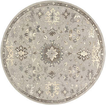 Close-up of round Willimantic Beige Thick Wool Rug with floral, bohemian pattern in beige, brown, and charcoal tones. Design-Round-8