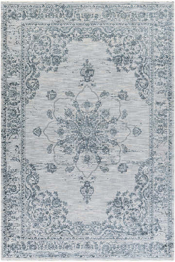 Close-up of the Wandina Traditional Luxe Rug. Cream and dark blue floral pattern on a gray, machine-woven polyester rug. Design-Rectangle-6796