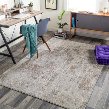 Home office with gray wood floors and Windale Textured Luxe Area Rug in brown, gray, and off-white. Roomscene-Rectangle