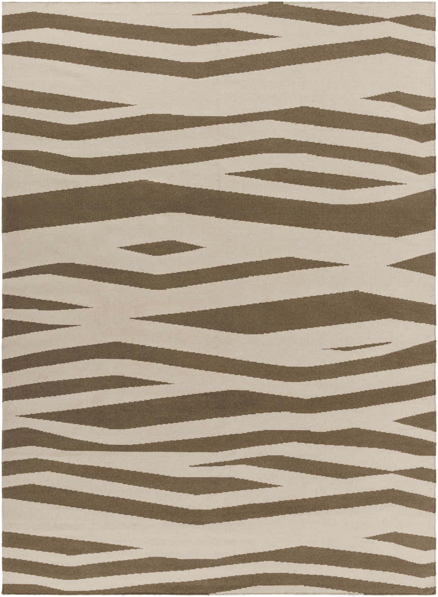 Close-up of the Wolford Area Carpet. Hand-woven wool rug with a contemporary brown and beige zebra stripe pattern. Design-Rectangle-811