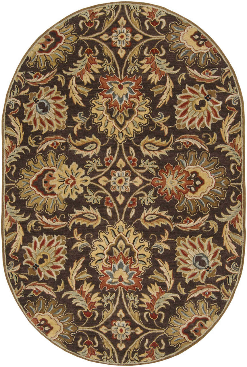 Oval Chesterton 1028 brown wool rug with a traditional floral pattern in brick red, sage, and beige. Hand-tufted texture. Design-Oval-69