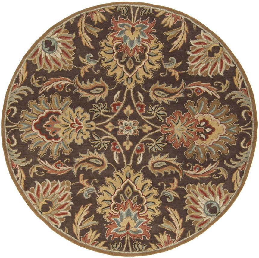 Close-up of round Chesterton 1028 brown wool rug. Features a traditional floral pattern in brown, beige, red, and sage. Design-Round-6