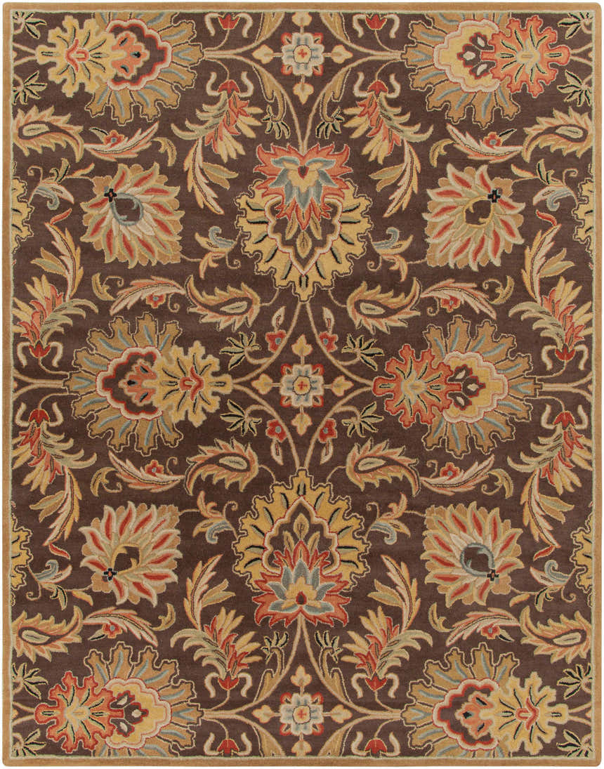 Detailed floral pattern on a Chesterton 1028 Hand Tufted Brown Wool Rug. Oriental style with red, gold, and sage accents. Design-Rectangle-7696