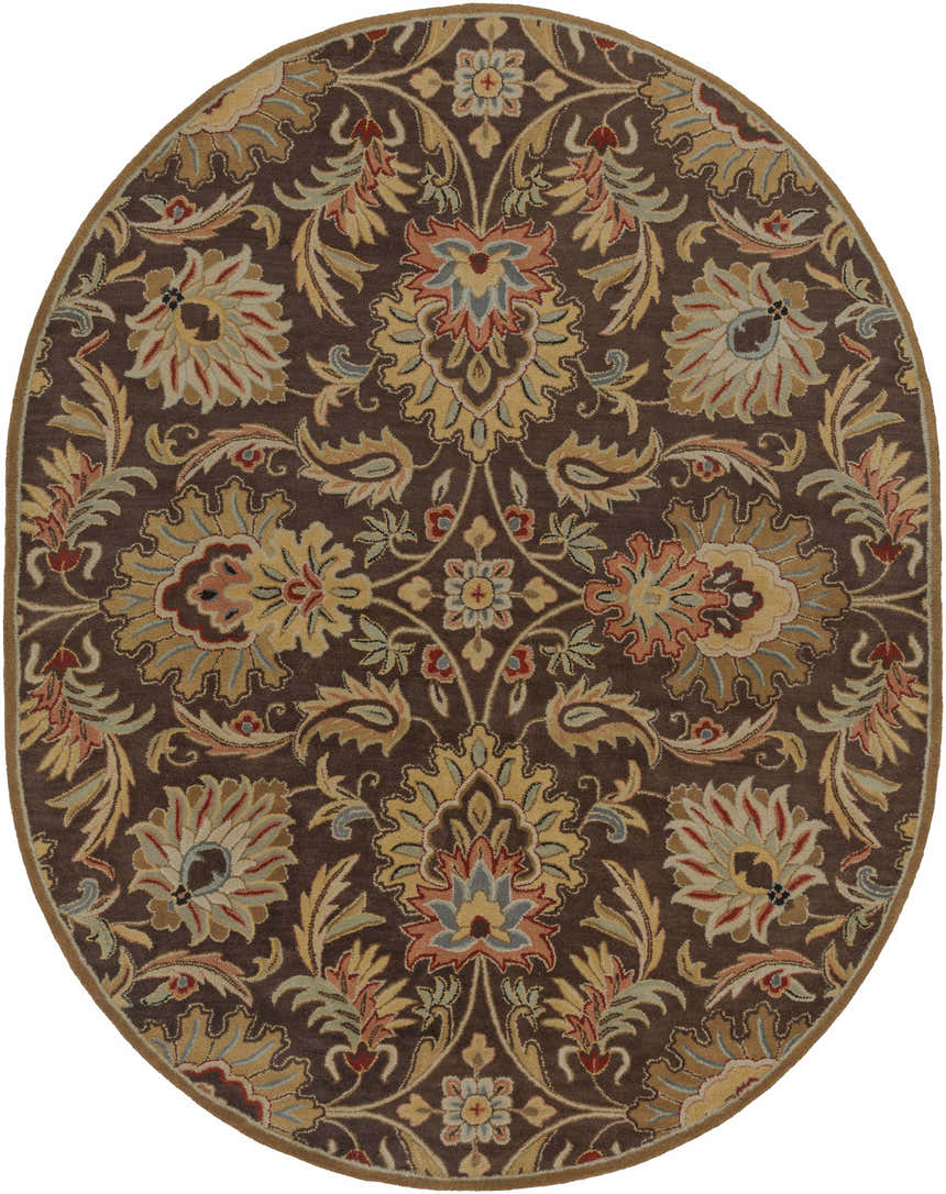 Detailed oval Chesterton 1028 brown wool rug. Features a traditional floral pattern in brown, gold, red, and sage. Design-Oval-810
