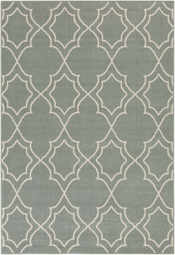 Close-up of the Wroxham Area Rug in dusty sage with a light beige quatrefoil pattern. Machine woven olefin rug. Design-Rectangle-5376