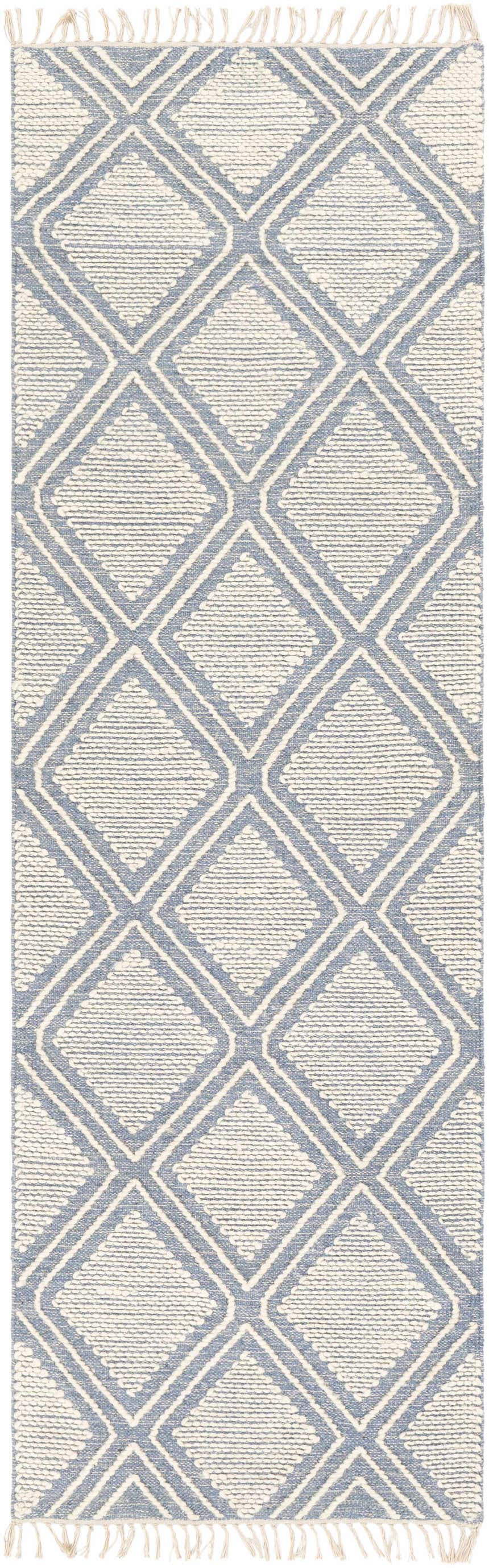 Close-up of the Wausa Denim Trellis on Cream rug, featuring a geometric diamond pattern and fringe. Design-Runner-268