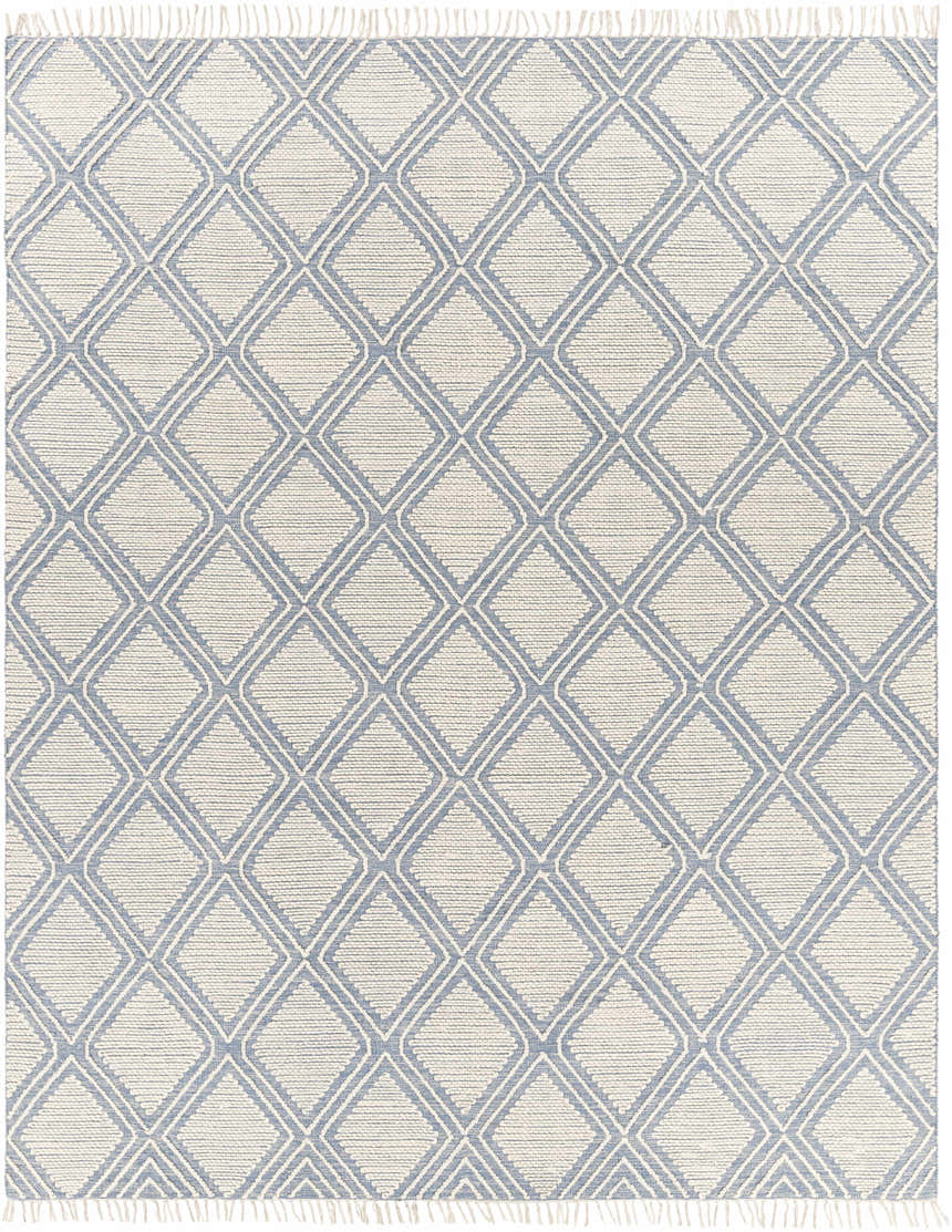 Close-up of the Wausa Denim Trellis on Cream rug, showcasing its geometric diamond pattern and hand-woven texture. Design-Rectangle-810