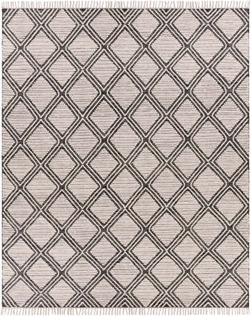 Close-up of the hand woven Wausa Area Rug. Black geometric diamond pattern on cream cotton with fringe. Design-Rectangle-810