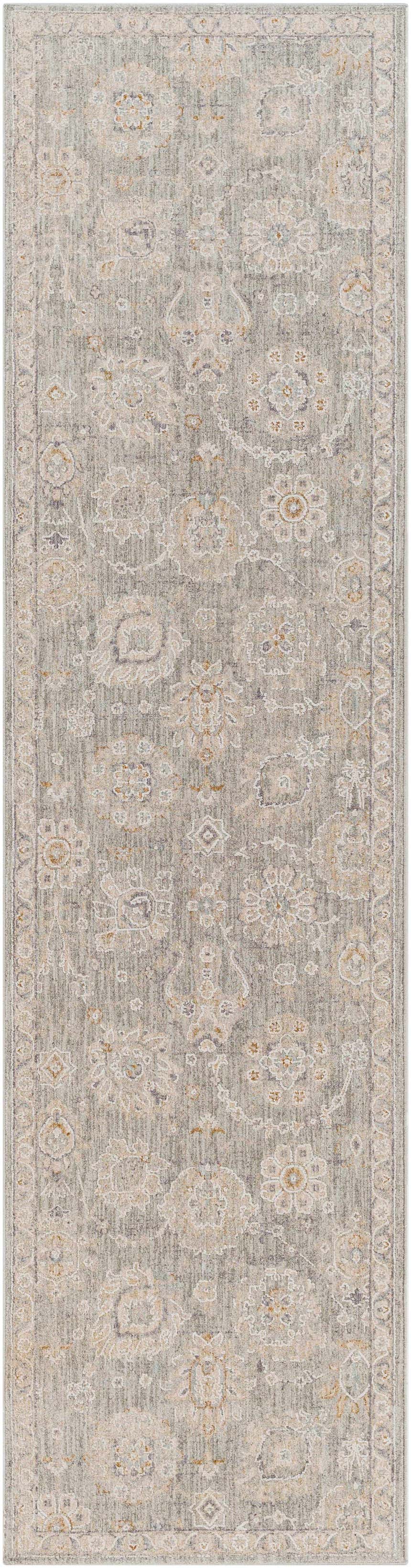 Close-up of the Wurtulla Thick Luxe Statement Rug. Features a traditional floral pattern in dusty sage, beige, and gray tones. Design-Runner-2710
