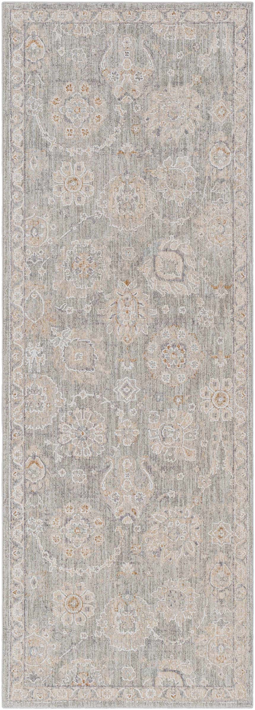 Close-up of the Wurtulla Thick Luxe Statement Rug. Features a vintage, oriental pattern in dusty sage, beige, and gray tones. Design-Runner-2773