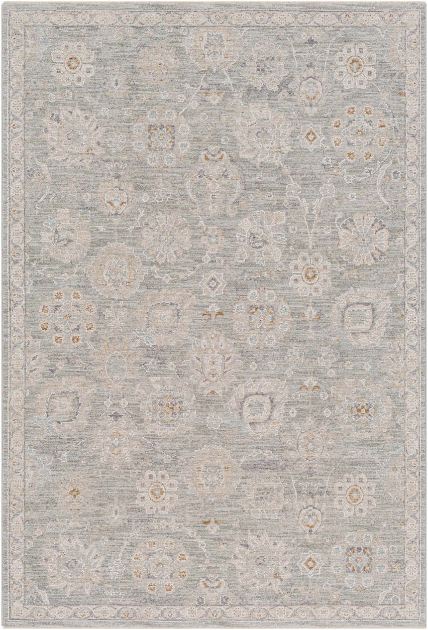 Close-up of the Wurtulla Thick Luxe Statement Rug. Features a vintage floral pattern in dusty sage, beige, and gray tones. Design-Rectangle-575