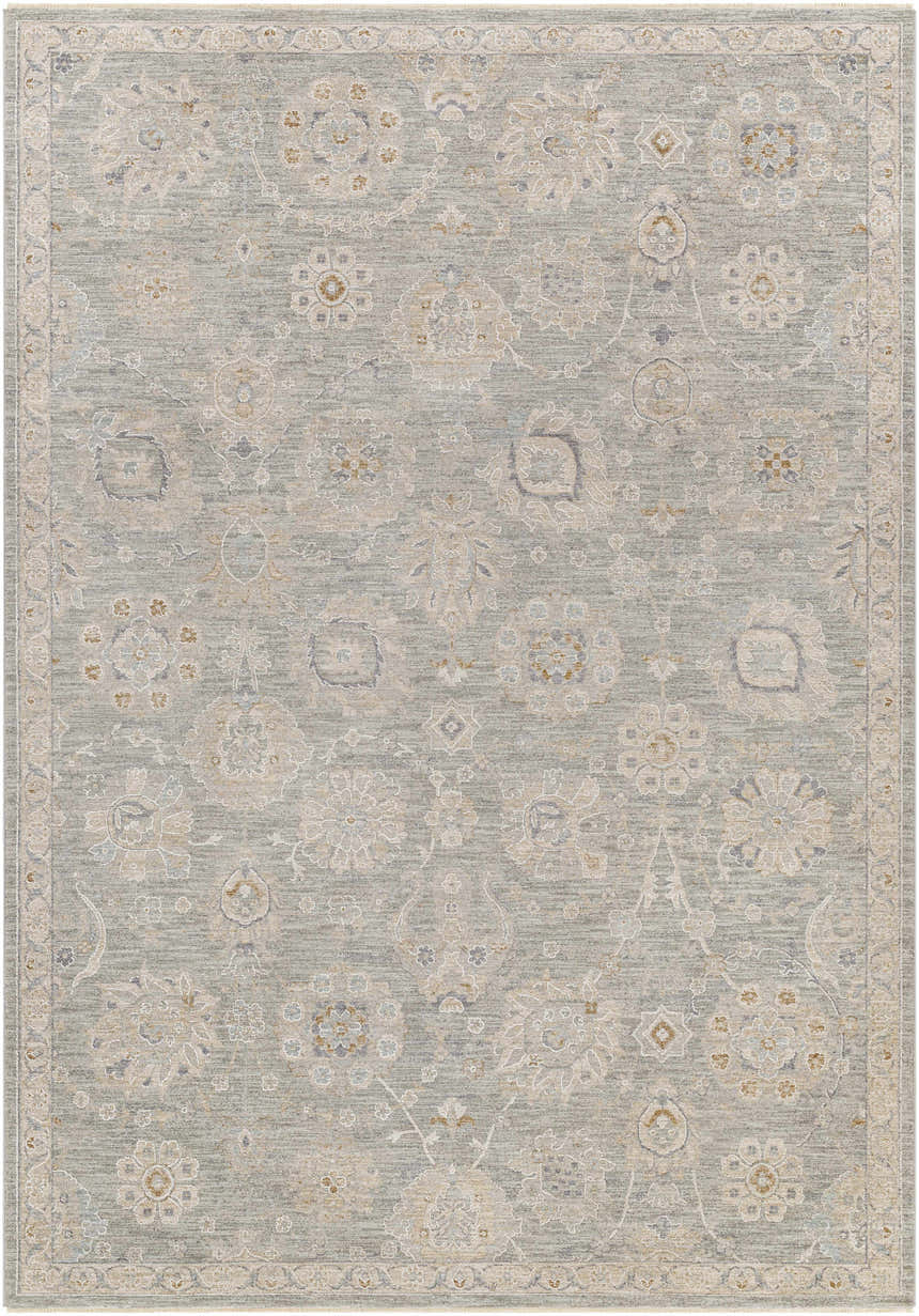 Close-up of the Wurtulla Thick Luxe Statement Rug. Features a vintage floral pattern in denim, dusty sage, beige, and gray tones. Design-Rectangle-6796