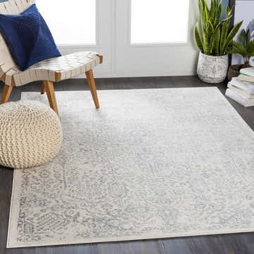 Living room scene with a gray and white Waverton Area Rug, chair, pouf, and plants. Roomscene-Rectangle