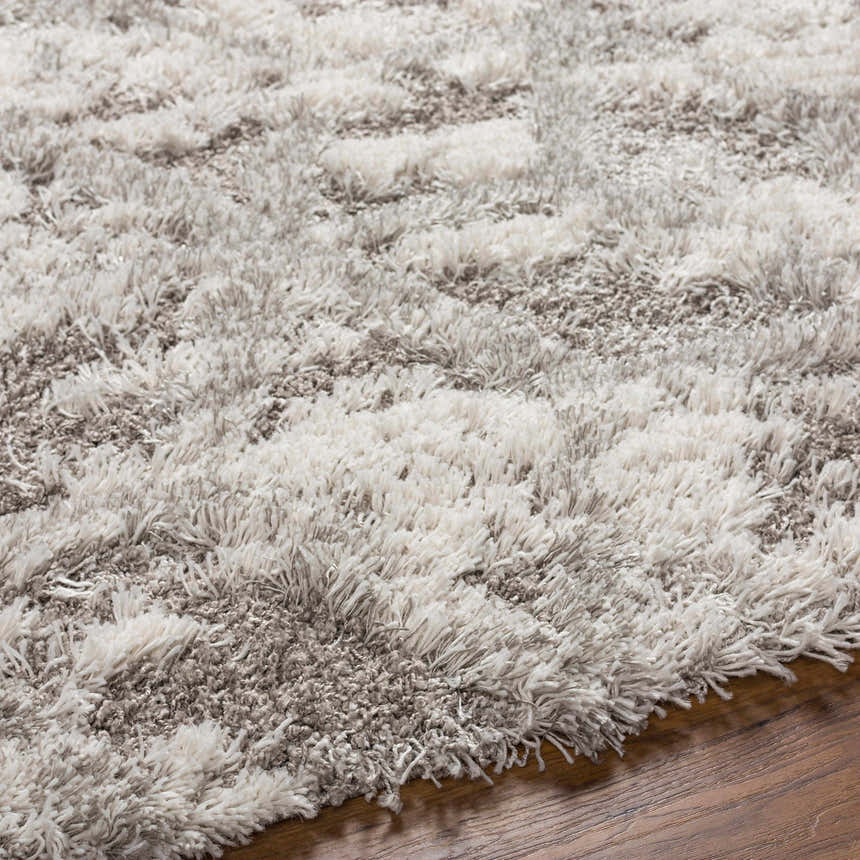 Close-up of the plush Wynant Gray Tones rug showing its light and medium gray shag texture and pattern. Texture