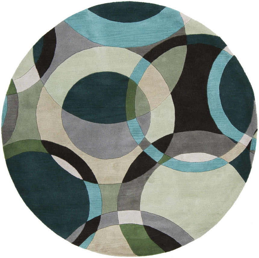 Close-up of round Wyocena Wool Rug. Contemporary design with aqua, black, green, gray, and oatmeal overlapping circles. Design-Round-6