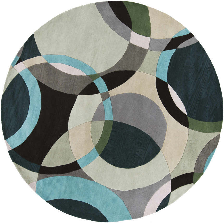 Round Wyocena Wool Rug featuring a contemporary geometric design in aqua, black, gray, and green tones. Design-Round-8