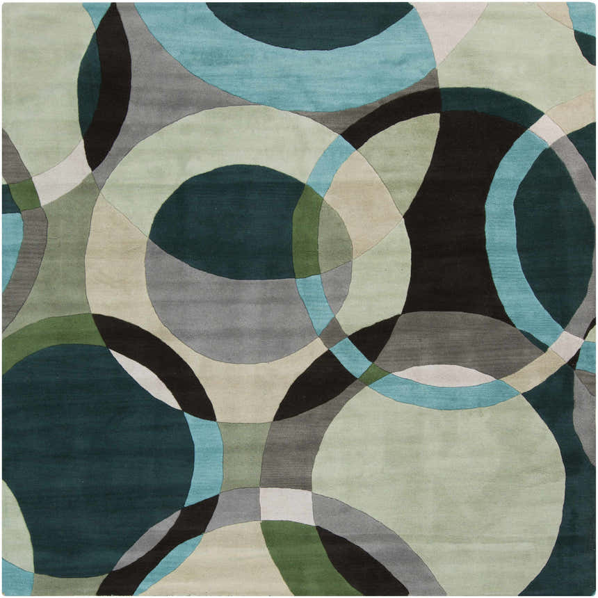 Close-up of the Wyocena Wool Rug. Contemporary design with aqua, black, gray, and green overlapping circles. Hand-tufted texture. Design-Square-8