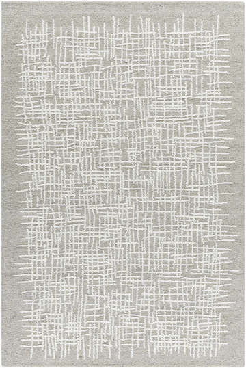 Close-up of the hand-tufted Uhuti Area Rug. Ash gray wool with a light silver, abstract grid pattern. Design-Rectangle-576