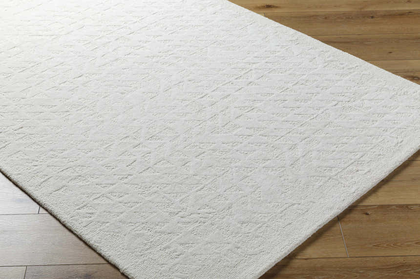 Close-up of the light silver Xenon Area Rug showing its subtle geometric pattern and hand-tufted wool texture. Corner