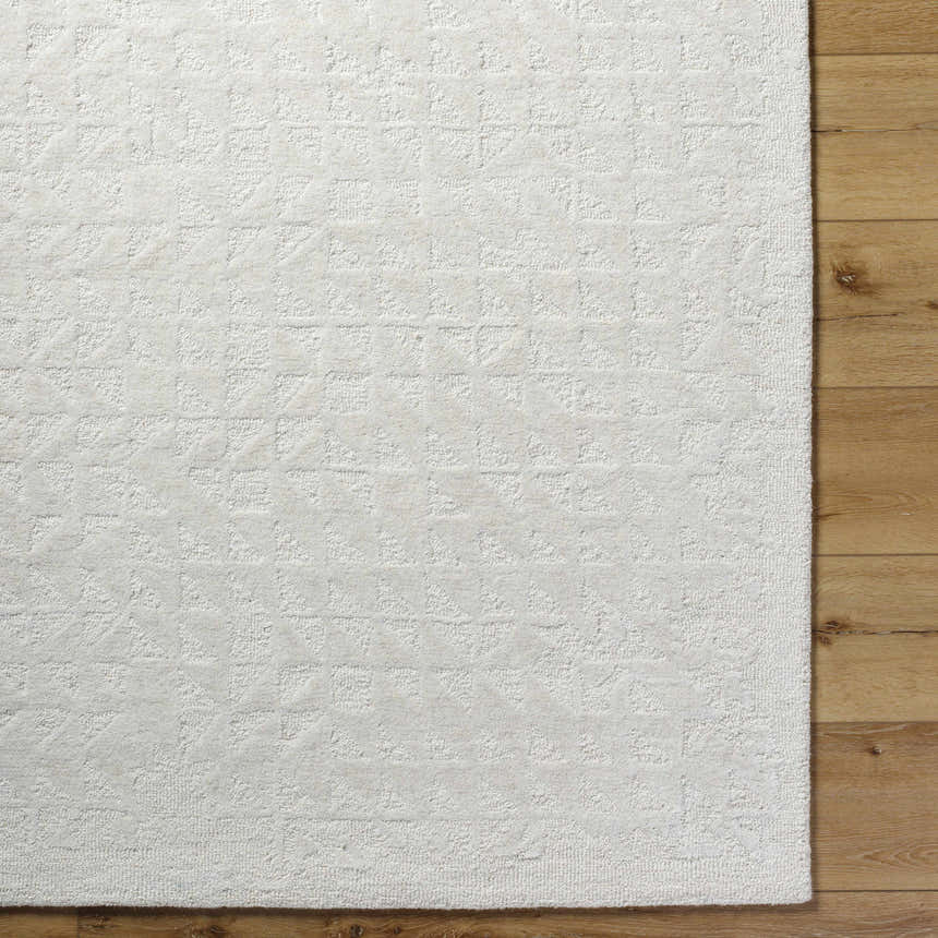 Close-up of the light silver Xenon Area Rug showing its subtle geometric pattern and hand-tufted wool texture. Corner