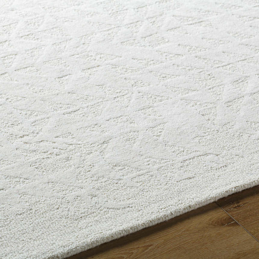 Close up of the light silver Xenon Area Rug showing its subtle geometric pattern and wool texture. Texture