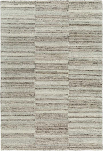 Close-up of the Xanti Area Rug. Hand-tufted 100% wool rug with ash, sage, and warm gray horizontal stripes. Contemporary style. Design-Rectangle-576