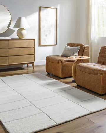 Living room scene with the light silver Xylia Charcoal Area Rug, brown leather chairs, and wood dresser. Roomscene-Rectangle
