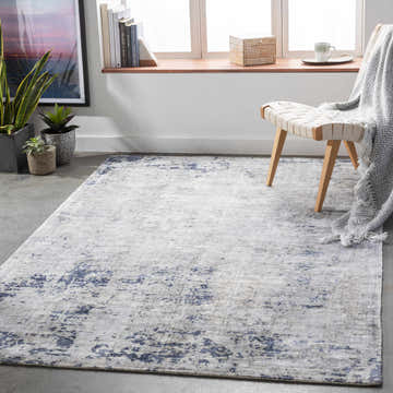 Minimalist room scene with a light beige Yandina Area Rug, woven chair, plants, and soft natural light. Roomscene-Rectangle
