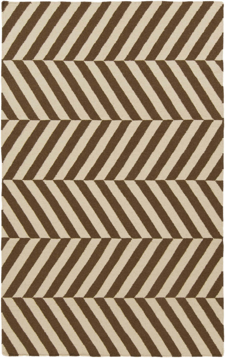 Close-up of the hand woven Yards Area Rug. Brown and cream stripes create a contemporary, geometric pattern. Design-Rectangle-58