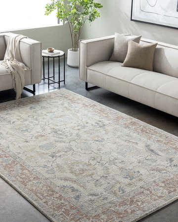 Living room scene with a Yetta Beige Thick Luxe Area Rug, neutral sofa, and modern decor. Roomscene-Rectangle