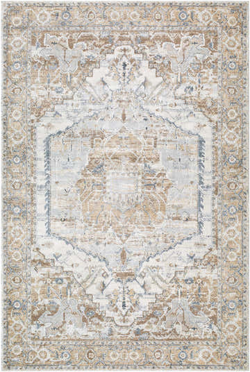 Close-up of the Yumna Thick Luxe Rug with a traditional beige, gray, and tan distressed pattern and detailed border. Design-Rectangle-6792